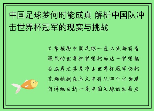中国足球梦何时能成真 解析中国队冲击世界杯冠军的现实与挑战